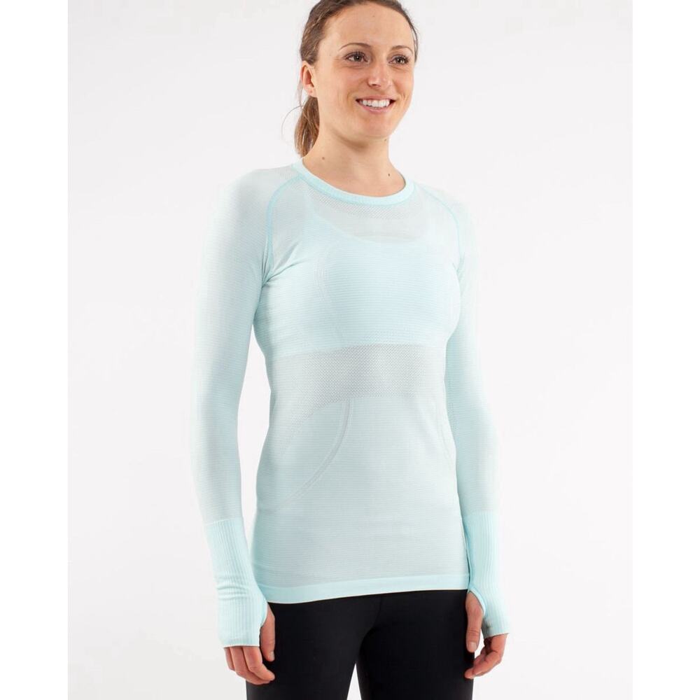 Lululemon 4 Run Swiftly Tech Long Sleeve Aquamarine Seamless Thumbholes Athletic